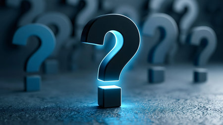 Prominent question mark, glowing with a blue outline, stands on a textured surface surrounded by other blurred question marks, symbolizing uncertainty, problem solving, and the search for answers