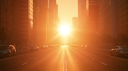 Setting sun aligning perfectly with the east west streets of manhattan, creating a golden light tunnel between towering skyscrapers and busy city traffic