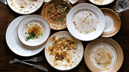 Dirty plates featuring leftover food scraps and empty bowls are messy on a dark brown wooden dining table after a meal