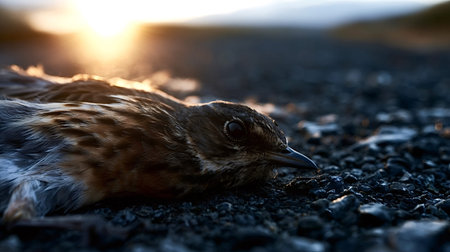 Dead bird lying on a gravel road, backlit by a setting sun, symbolizing mortality, loss, and the impact of human development on nature and wildlife with a somber atmosphere