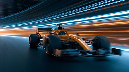 Orange formula racing car moving at high velocity on a dark asphalt track, creating energetic light trails and motion blur, emphasizing speed and competition