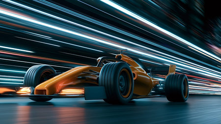 Orange formula racing car moving fast on a track, creating dynamic light trails and motion blur, illustrating concepts of speed, competition, and future technology