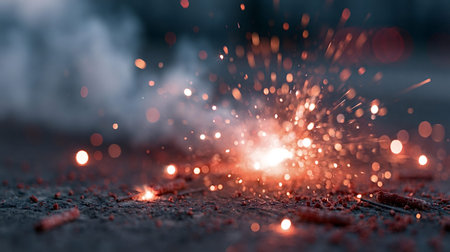 Exploding fireworks creating a radiant burst of orange and red sparks against a smoky, dark background, symbolizing celebration, energy, and excitement