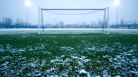 Soccer field covered in snow with a goal and stadium lights in the background, showing winter sports conditions and the challenge of playing outdoors in cold weather