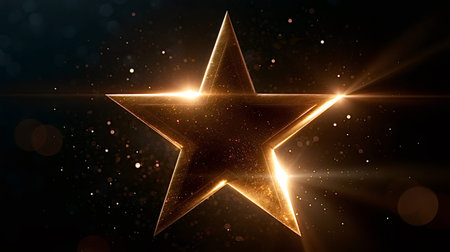 Golden star shining brightly with glittering particles and lens flares, representing success, achievement, celebration, quality, and excellence on a dark background