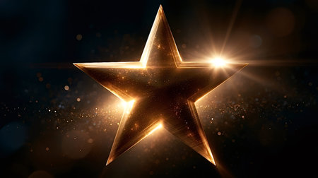 Golden star shining brightly against a dark background, reflecting light and shimmering with bokeh effects, symbolizing achievement, luxury, success, and celebration