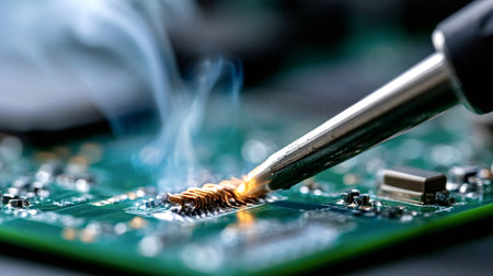 Soldering iron tip creating a hot connection on a green circuit board, with visible smoke rising from the heated components, illustrating electronics assembly and repair processes