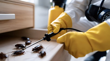 Professional pest control worker in protective suit and yellow gloves applying insecticide spray on a kitchen drawer infested with cockroaches, ensuring hygiene and disinfection