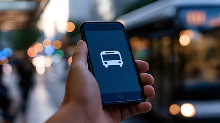 Hand holding a smartphone displaying a bus icon on its screen, indicating mobile access to urban public transport services, with a blurred city bus and street lights creating bokeh in the background