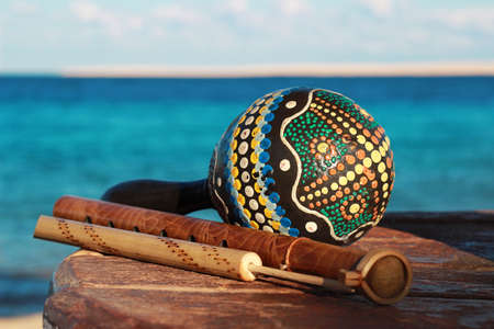 ethnic musical instruments with a sea background