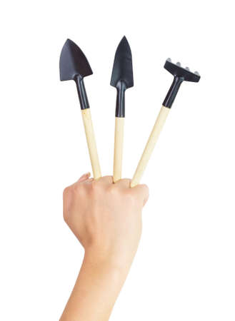 Hand holding garden equipment  isolated on white backgroundの写真素材