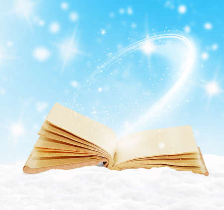 Old open book in the snowの写真素材