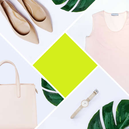 fashion blogger concept. Minimal set of Feminine accessories on white background.の写真素材