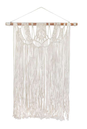 macrame wall decor isolated on white background. Details of modern boho bohemian scandinavian style...