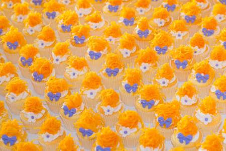Delicious cupcakes decorated with colourful sugar pasteの写真素材