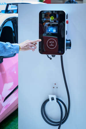 BANGKOK, THAILAND - APRIL 02 : PEA ENCOM ELECTRIC VEHICLE Car DC fast charger presented in Motor Show 2019 in Bangkok, Thailand.のeditorial素材