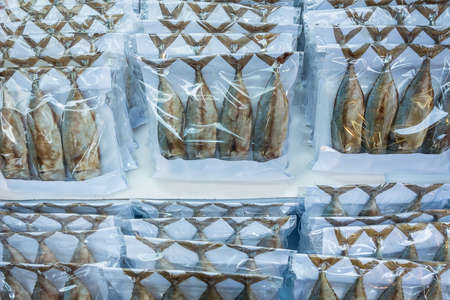Thai mackerel wrapped in plastic foam at Amphawa floating market, Samut Songkhram, Thailand.