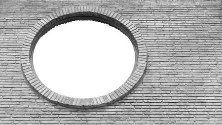 Round window on white brick wall texture and background.の写真素材