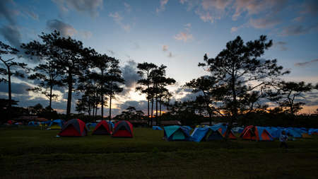 Tent large number of tourists, At Phu Kradueng National park, Beautiful landscape during sunset.の写真素材