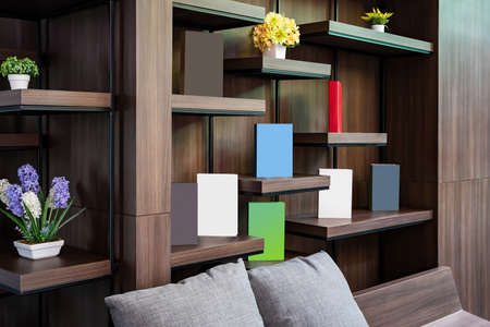 Beautiful living room library at home, complete with sofas and pillows, clean and modern decor.の写真素材