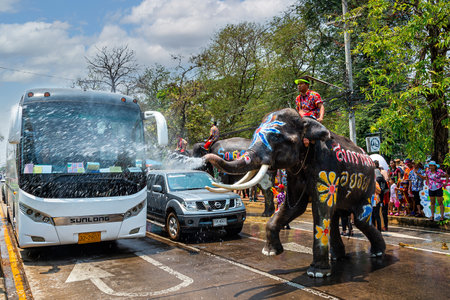 Ayutthaya, Thailand - April 13, 2016: Thailand's Songkran Day is traditionally celebrated on New Year's Day. From April 13 to 15, people and elephants will splash water and have fun.のeditorial素材
