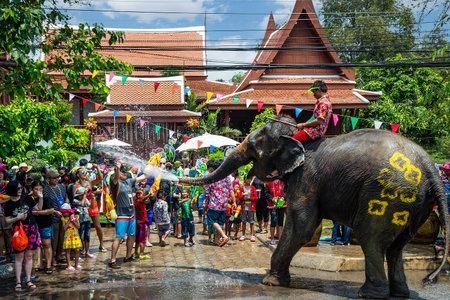 Ayutthaya, Thailand - April 13, 2016: Thailand's Songkran Day is traditionally celebrated on New Year's Day. From April 13 to 15, people and elephants will splash water and have fun.のeditorial素材