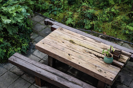Outdoor wooden table with bench made of logs in a green gardenの写真素材