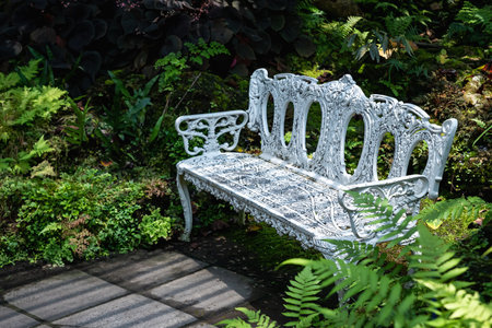 white iron bench in the backyard gardenの写真素材