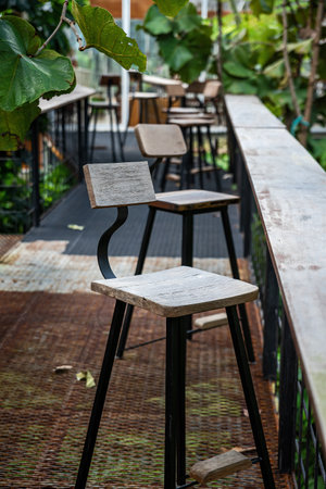 Black steel leg bench in palm garden to relaxの写真素材