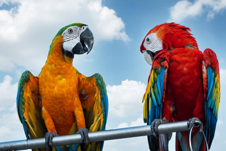 The beauty of macaws The breeder brought it to show and brought it to fly on a sunny day.の写真素材
