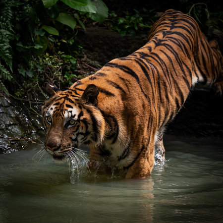 The tiger went into the pond.の写真素材
