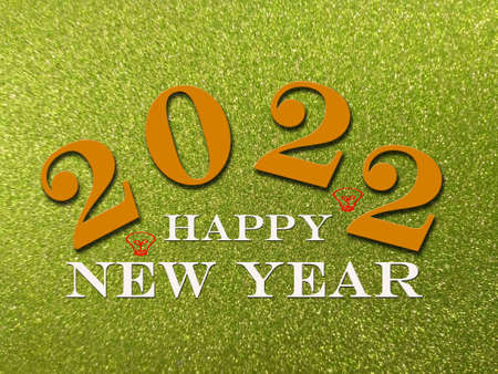 Top view, Happy new year 2022 celebration text blurred green glitter color texture background for...