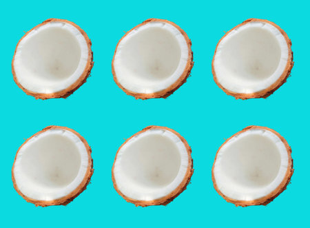 Top view, pattern set half coconut isolated on cyan background, food and drink, condiment, dessert,...