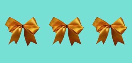 Top view, Shiny color satin ribbon three gold bows isolated on cyan background for stock photo. Christmas gift, valentines day, birthday wrapping element, presentの写真素材