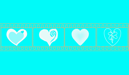 Top view, Four white heart shape on film frame of paint brushes isolated cyan background for design...