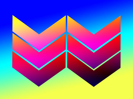 Closeup, Design set three right arrow colorful glyph icon isolated blue background. forward functions in media applications. Advanced symbol space for illustration advertising, wallpaper, art print, vector, stock photoの写真素材