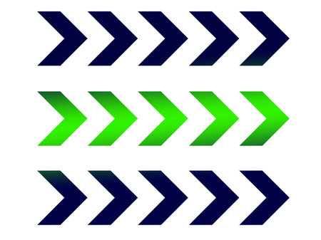 Closeup, Design pattern set right arrow green blue glyph icon isolated white background. forward functions in media applications. Advanced symbol space for illustration advertising, wallpaper, art print, vector, stock photoの写真素材