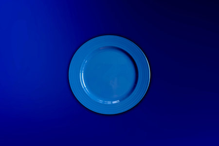 Top view single blank blue circular dish with shadow isolated dark blue background for design. eating food, cook, riceの写真素材