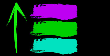 Top view, green arrows and purple green cyan stroke of paint brushes isolated black background for design stock photo.  multicolor paint, brush stroke, illustrationの写真素材