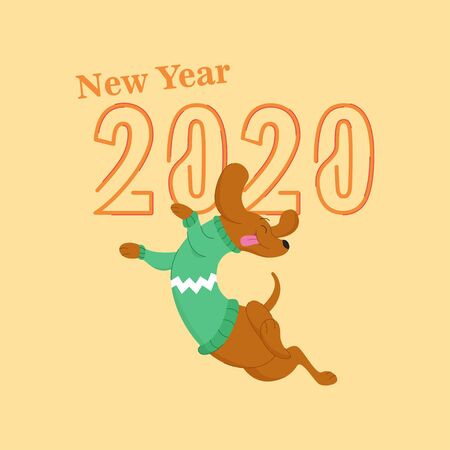 Happy New Year 2020. Happy Jumping Puppy Celebrating New Year 2020.のイラスト素材
