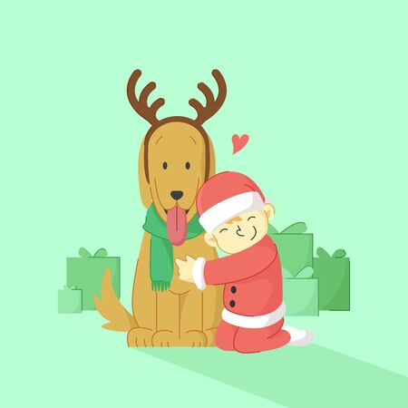 Cute Dog Huge by a Kid With Christmas Costume Illustrationのイラスト素材