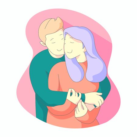 Valentine day illustration hugging lovers, man hug his women from behind.のイラスト素材