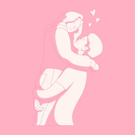 Valentine illustration, Young couple hugging and falling in love each other. Pink Silhouette.のイラスト素材