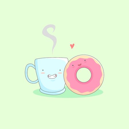 A cup of coffee and a donuts love cartoon illustrationのイラスト素材