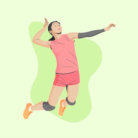 BROWN SKIN AND DARK HAIR FEMALE VOLLEY BALL PLAYER IS JUMPING AND READY TO SMASH THE BALL ILLUSTRATIONのイラスト素材