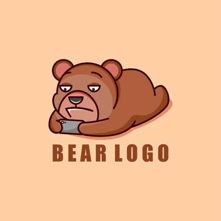 BROWN BEAR LYING ON THE FLOOR PLAYING WITH PHONEのイラスト素材