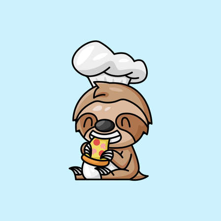 CUTE SLOTH WEARING CHEF HAT EATING PIZZAのイラスト素材