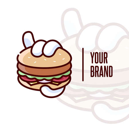 HAND HOLDING A BIG BURGER CARTOON LOGO FOR CULINARY BUSINESSのイラスト素材