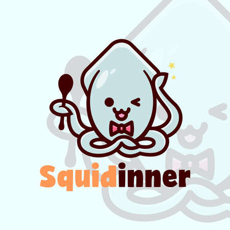 CUTE SQUID LOGO HOLD A SPOON AND SMILING CARTOON LOGOのイラスト素材