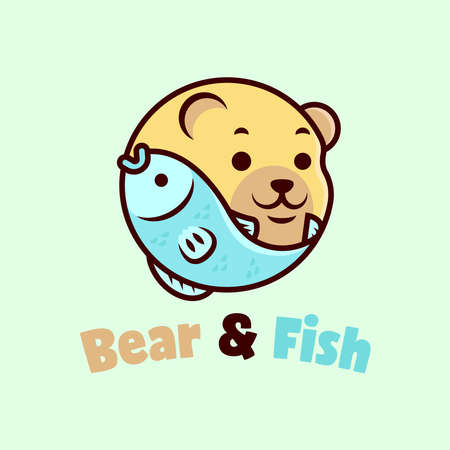 BROWN BEAR AND BLUE FISH CARTOON LOGOのイラスト素材
